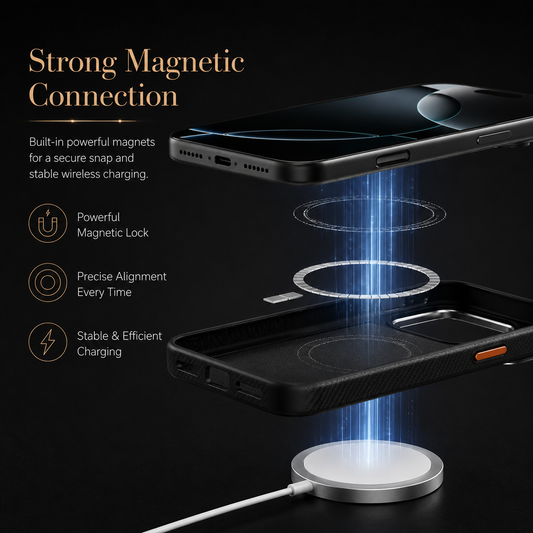 An exploded diagram separates a phone, circular magnetic rings, black case and round charging puck. Blue illustrated lines indicate magnetic alignment; text advertises a secure connection and wireless charging.