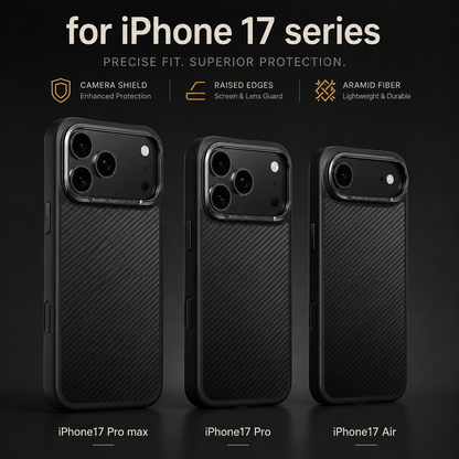 Three black diagonal woven cases stand together, labeled iPhone 17 Pro Max, iPhone 17 Pro and iPhone 17 Air. Text advertises a camera shield, raised edges and aramid fiber.