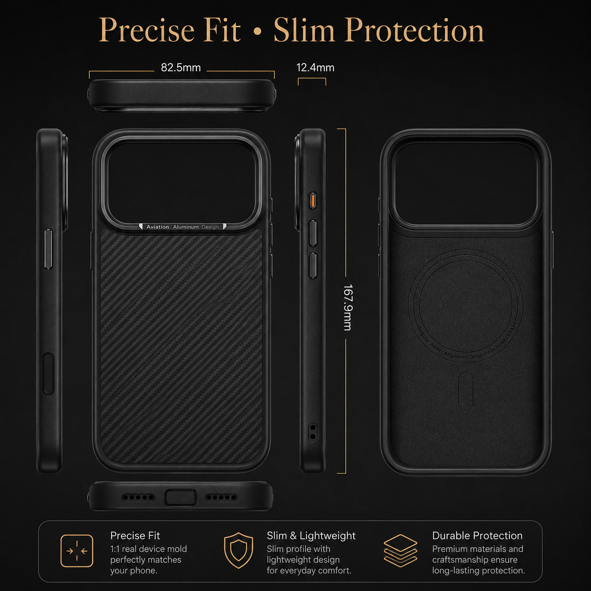 A diagram shows rear, interior, side, top and bottom views of a black woven case. Dimension labels read 82.5 millimeters wide, 167.9 millimeters high and 12.4 millimeters thick.