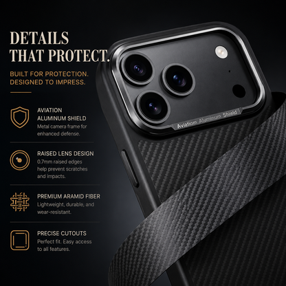 A close-up shows a black woven case's raised camera surround and a curled strip of patterned material. Text advertises an aluminum camera shield, raised lens edges, aramid fiber and precise openings.