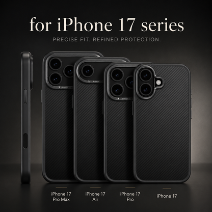 Black woven cases for iPhone 17 Pro Max, Air, Pro and standard 17 overlap beside a side view, showing different camera openings under an iPhone 17 series heading.