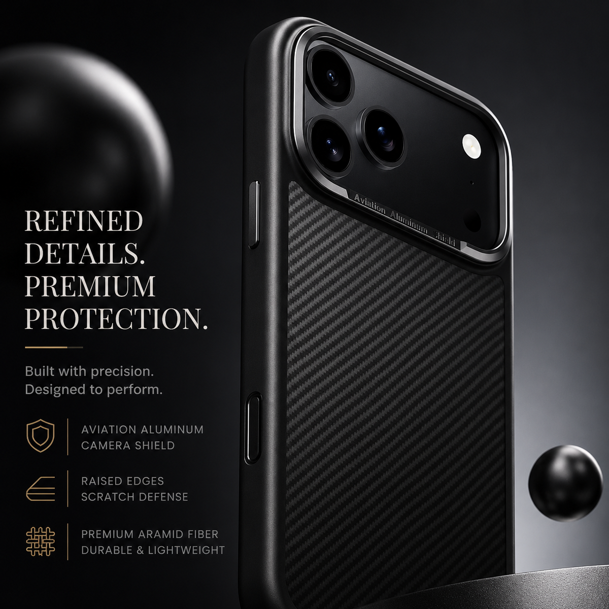 A black woven case stands on a dark pedestal, showing a silver-colored camera surround and slim side buttons. Text advertises a camera shield, raised edges and lightweight aramid fiber.