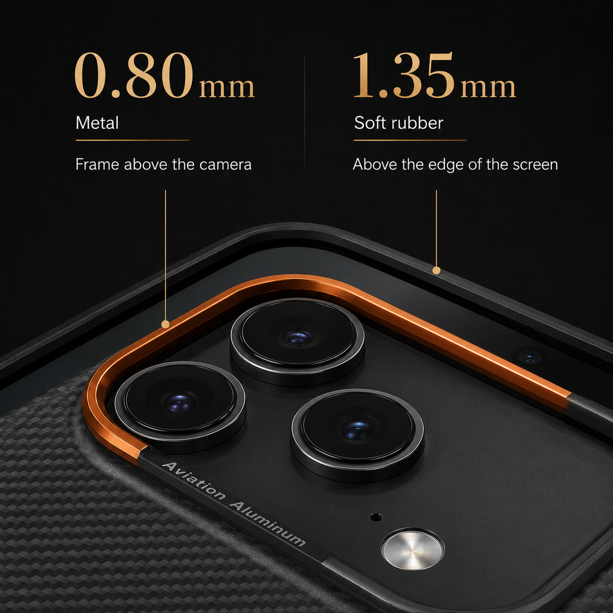 A close-up shows an orange-trimmed camera surround and black screen edge. Labels state 0.80 millimeters above the camera and 1.35 millimeters above the screen edge.