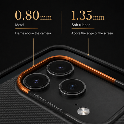 A close-up shows an orange-trimmed camera surround and black screen edge. Labels state 0.80 millimeters above the camera and 1.35 millimeters above the screen edge.