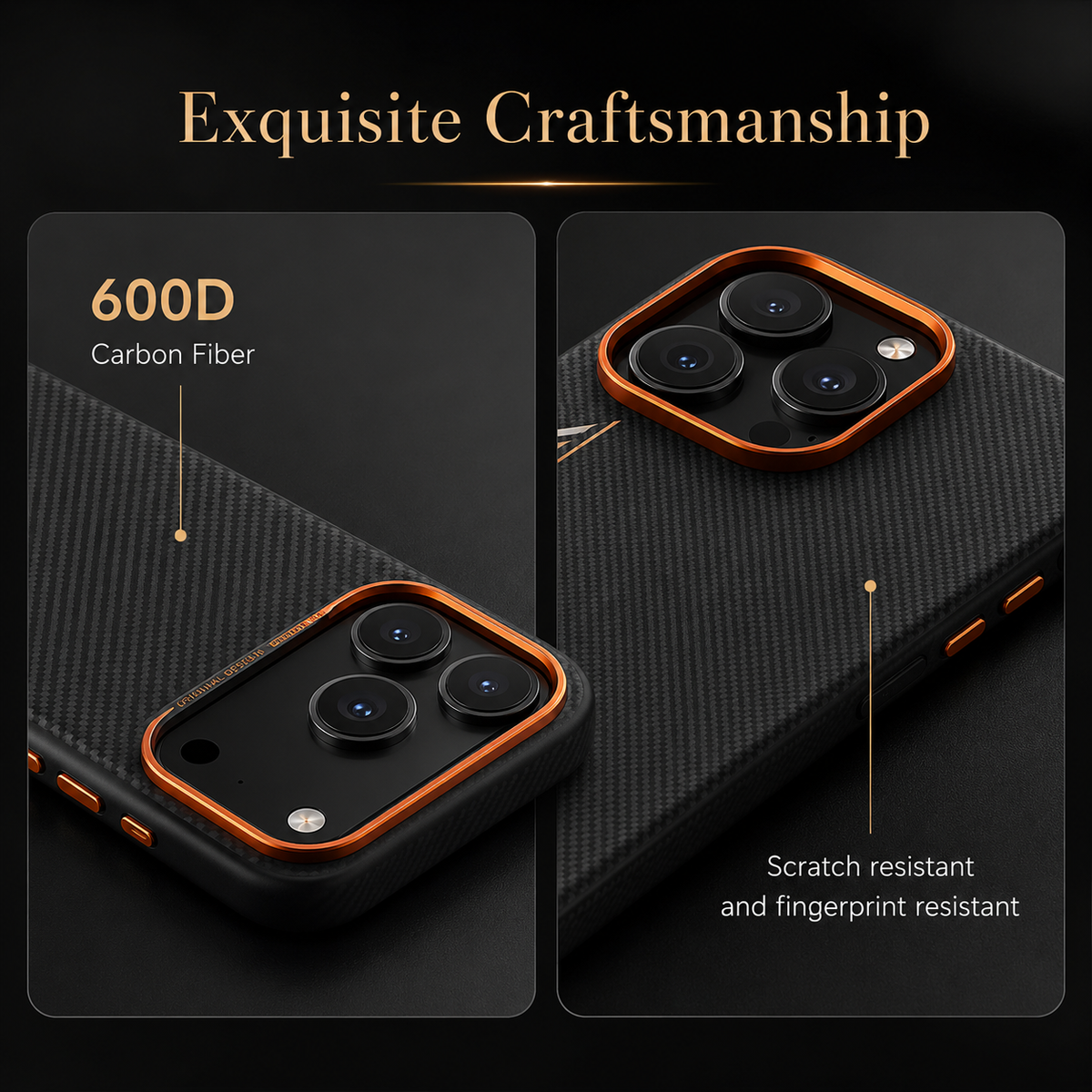 Two close-ups show a black woven case with orange camera trim and side buttons. Text labels the texture 600D carbon fiber and advertises scratch and fingerprint resistance.