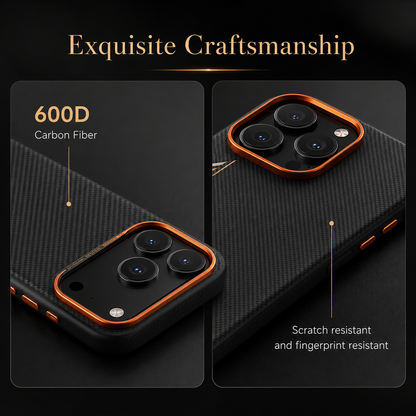 Two close-ups show a black woven case with orange camera trim and side buttons. Text labels the texture 600D carbon fiber and advertises scratch and fingerprint resistance.