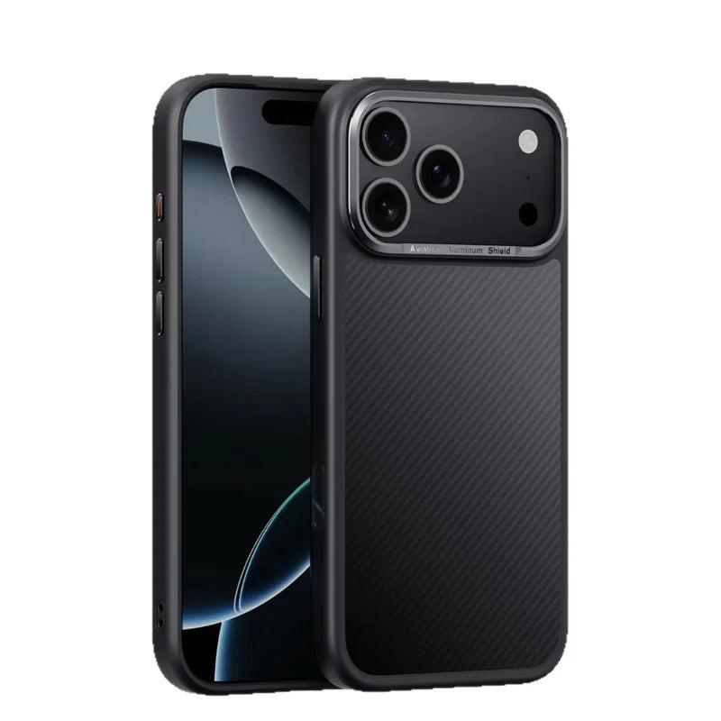 Front and rear views of a black phone case stand on white. The back has fine diagonal weave, rounded protective edges and a broad raised camera surround.