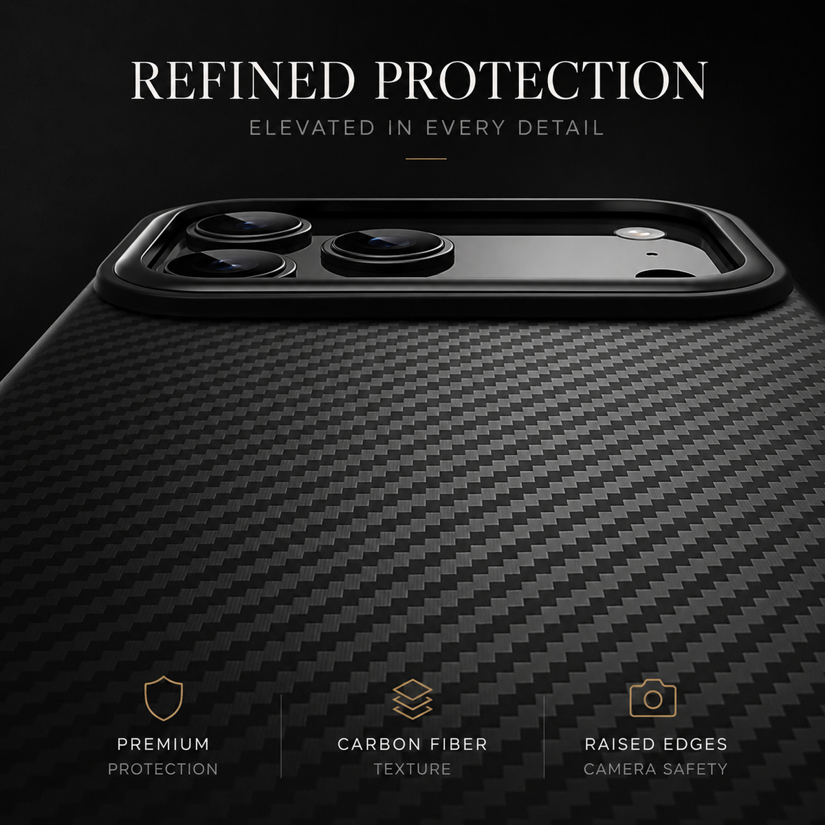A close-up shows the diagonal woven pattern below the case's raised camera surround. The graphic highlights protection, carbon-fiber texture and raised edges for camera safety.