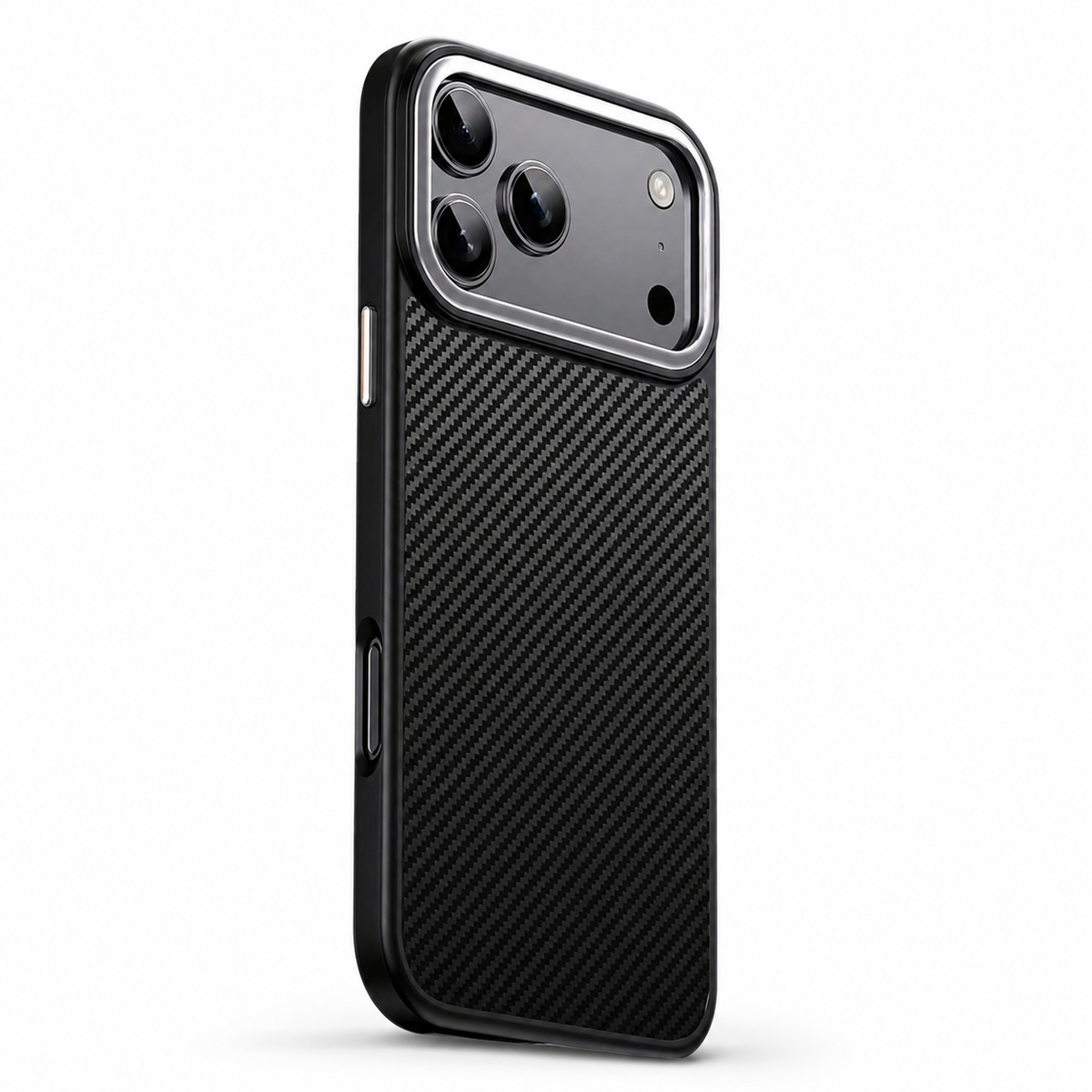 A black woven-pattern phone case stands at an angle on white, showing its raised camera surround, rounded protective edges and contrasting bronze-colored side buttons.