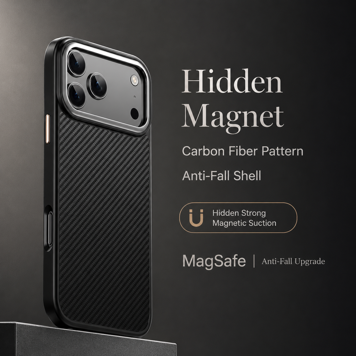 A black woven-pattern phone case stands on a dark platform beside the heading Hidden Magnet. Text advertises magnetic attachment, MagSafe compatibility and anti-fall protection.
