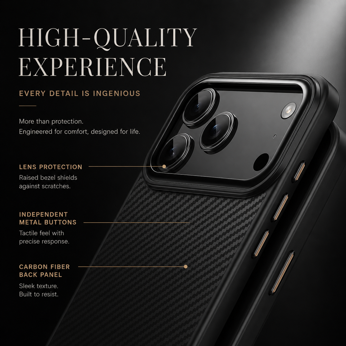 A labeled close-up of the black case points to its raised camera surround, separate bronze-colored side buttons and diagonal woven back panel.