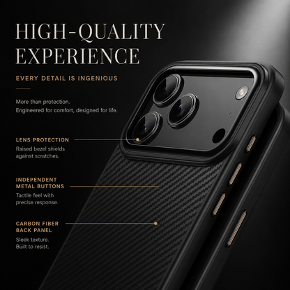 A labeled close-up of the black case points to its raised camera surround, separate bronze-colored side buttons and diagonal woven back panel.