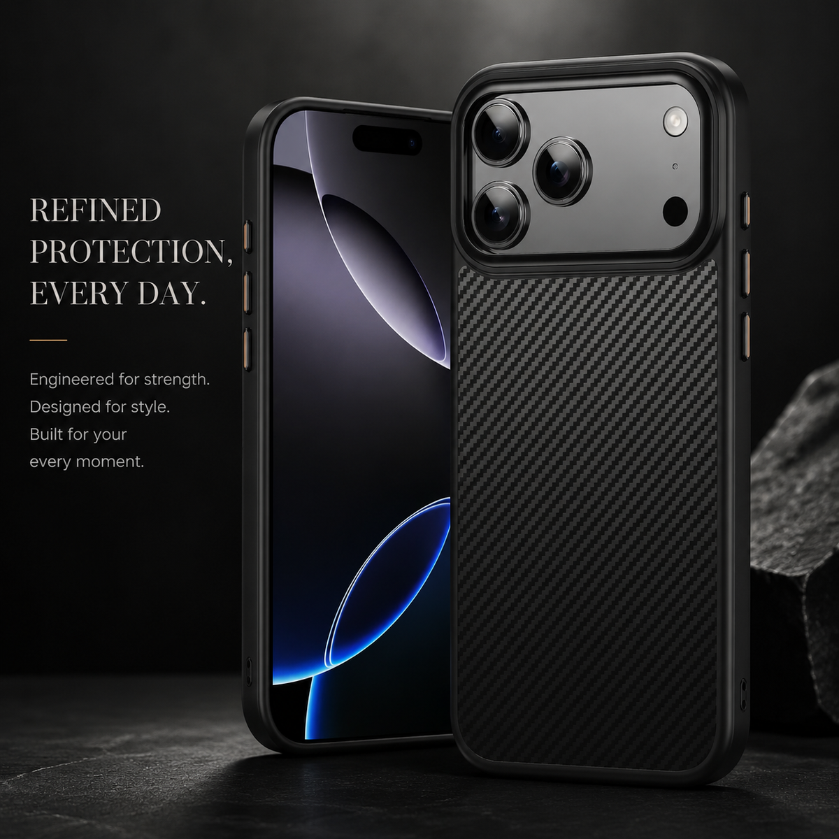 Front and rear views of a black woven-pattern phone case stand on a dark surface. Text advertises protection, strength and everyday use.