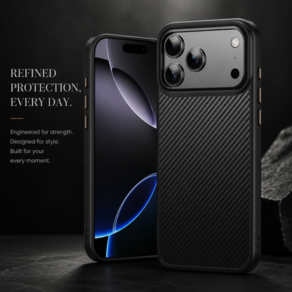 Front and rear views of a black woven-pattern phone case stand on a dark surface. Text advertises protection, strength and everyday use.