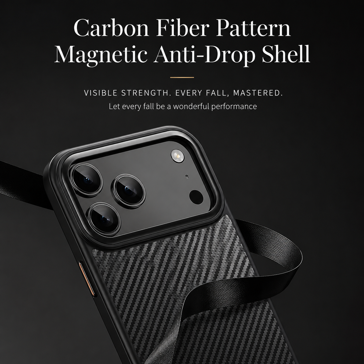 A black woven-pattern phone case tilts against a dark background with a black ribbon curling around it. The heading advertises a magnetic anti-drop shell.