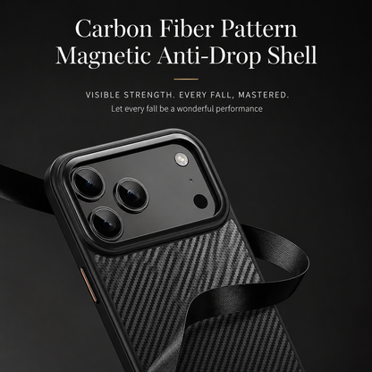 A black woven-pattern phone case tilts against a dark background with a black ribbon curling around it. The heading advertises a magnetic anti-drop shell.