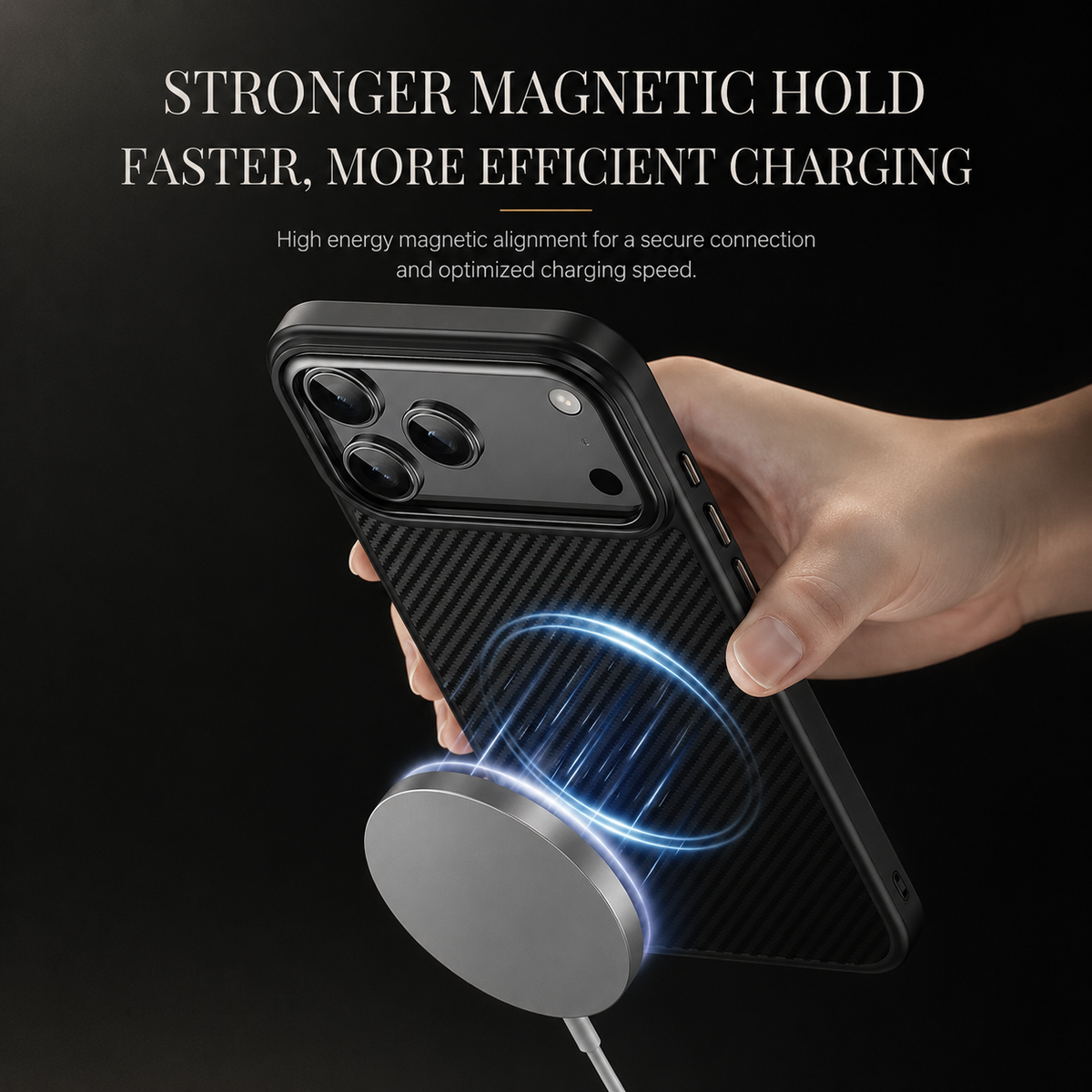 A hand holds a black woven-pattern phone case above a round charging puck. Blue illustrated rings represent magnetic attachment; the heading advertises a stronger hold and more efficient charging.