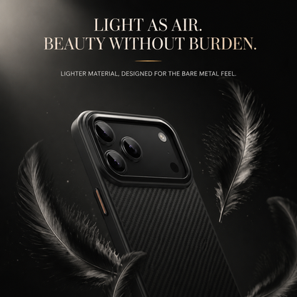 A black woven-pattern phone case appears among floating feathers against black. The heading Light as Air, Beauty Without Burden advertises a lightweight feel.