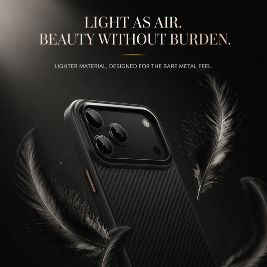 A black woven-pattern phone case appears among floating feathers against black. The heading Light as Air, Beauty Without Burden advertises a lightweight feel.