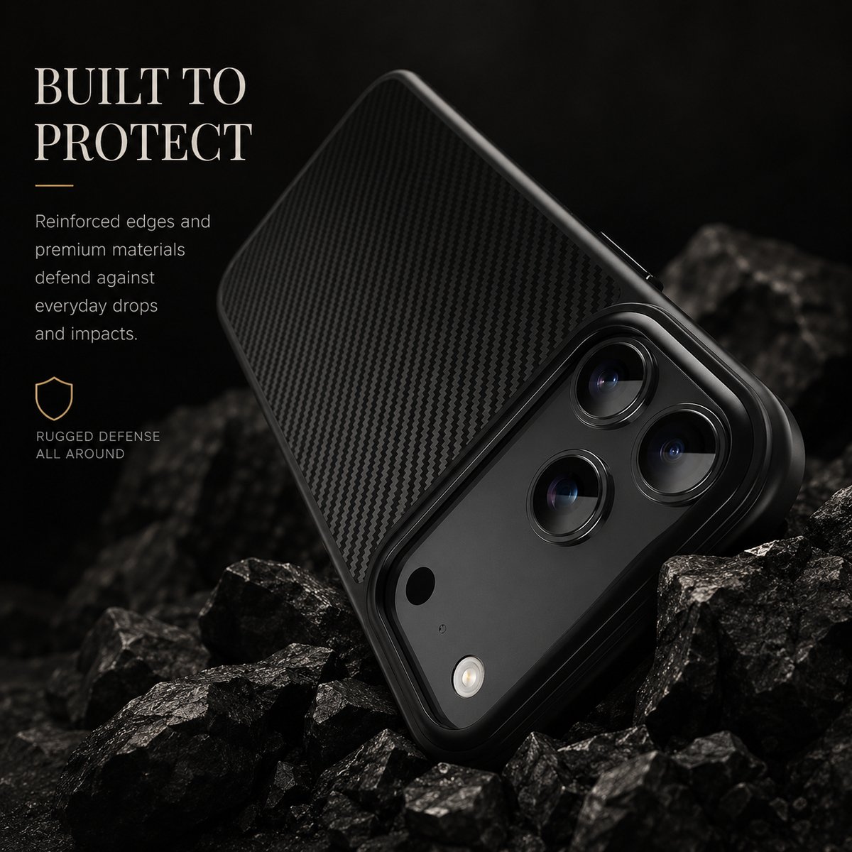 A black woven-pattern phone case rests diagonally among jagged dark rocks. The heading Built to Protect and nearby text advertise reinforced edges and impact protection.