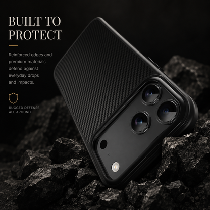 A black woven-pattern phone case rests diagonally among jagged dark rocks. The heading Built to Protect and nearby text advertise reinforced edges and impact protection.