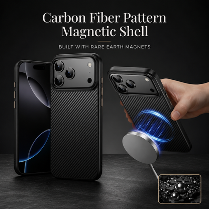 Front and rear phone views appear beside a hand holding a black woven-pattern case near a round charging puck. Blue illustrated rings show magnetic attachment; text advertises a magnetic shell.