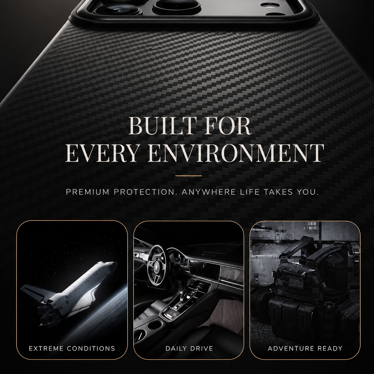 A close-up of the black woven-pattern case sits above three small panels showing extreme conditions, a car interior and outdoor equipment. Text advertises protection in different environments.