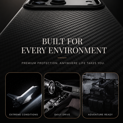 A close-up of the black woven-pattern case sits above three small panels showing extreme conditions, a car interior and outdoor equipment. Text advertises protection in different environments.