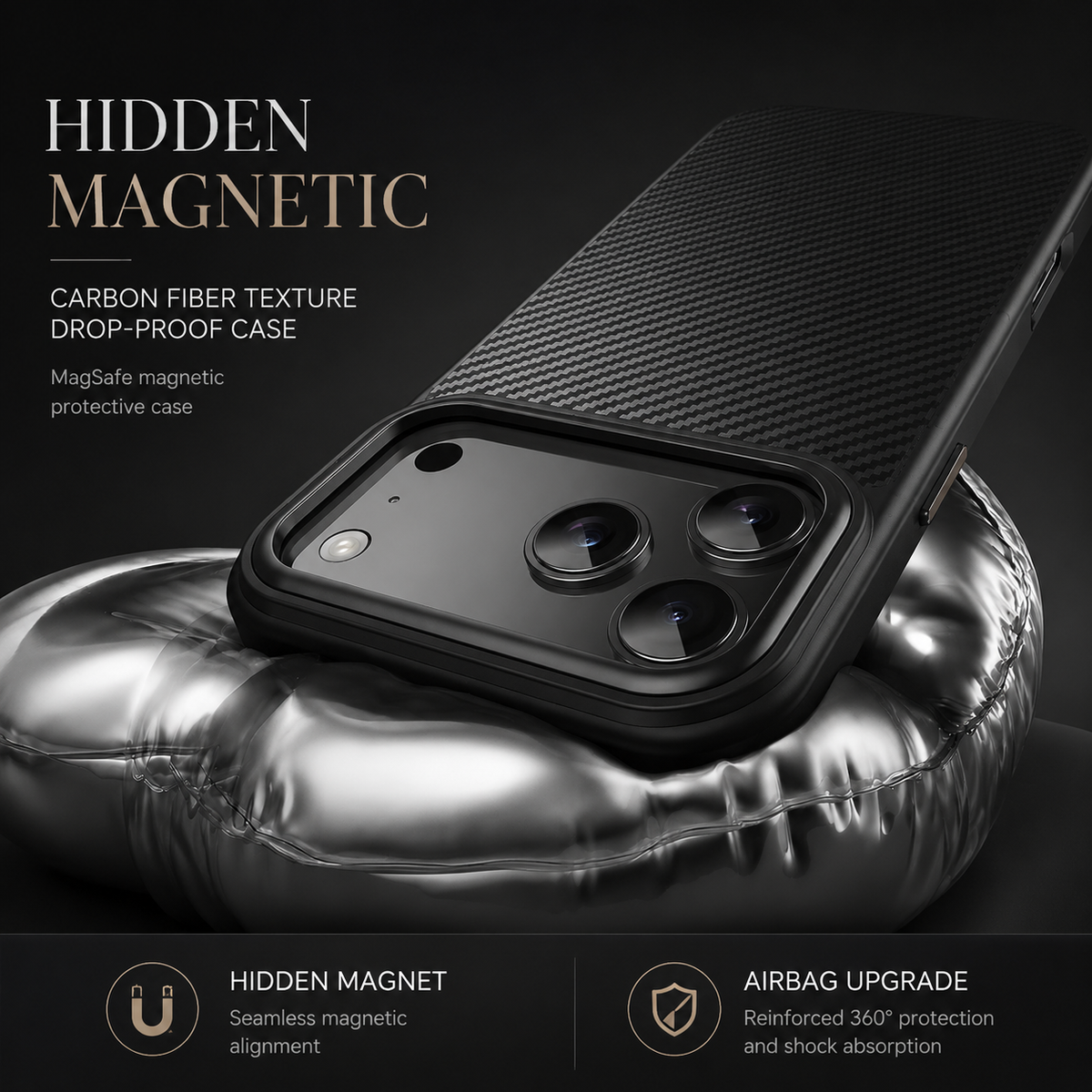 A black woven-pattern phone case lies on a shiny inflated silver-colored cushion. Text advertises hidden magnets, magnetic alignment and reinforced shock protection.