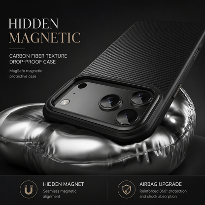 A black woven-pattern phone case lies on a shiny inflated silver-colored cushion. Text advertises hidden magnets, magnetic alignment and reinforced shock protection.