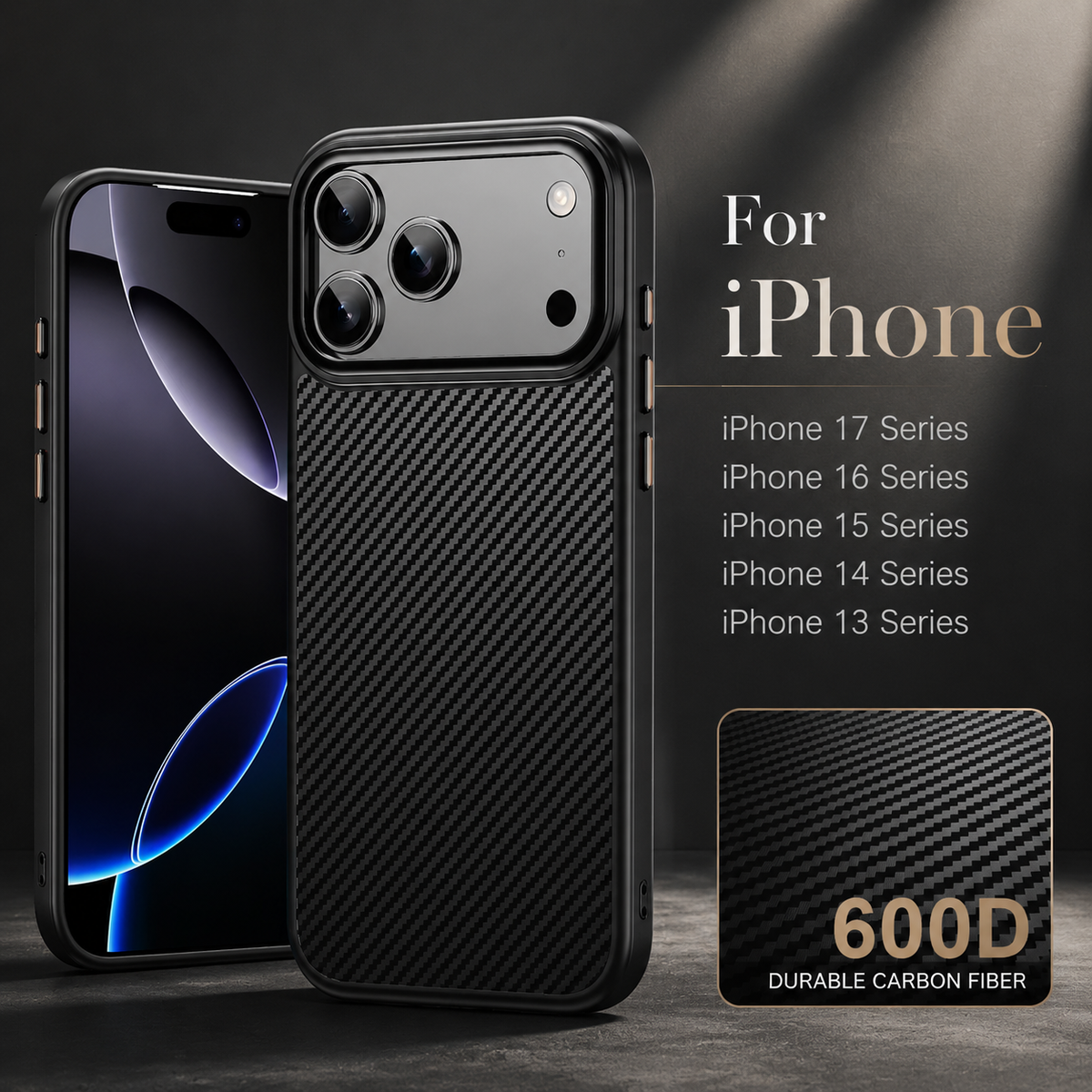 Front and rear views of a black woven-pattern phone case stand beside a compatibility list for iPhone 13 through 17 series. A small texture panel labels the material 600D.