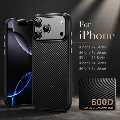 Front and rear views of a black woven-pattern phone case stand beside a compatibility list for iPhone 13 through 17 series. A small texture panel labels the material 600D.
