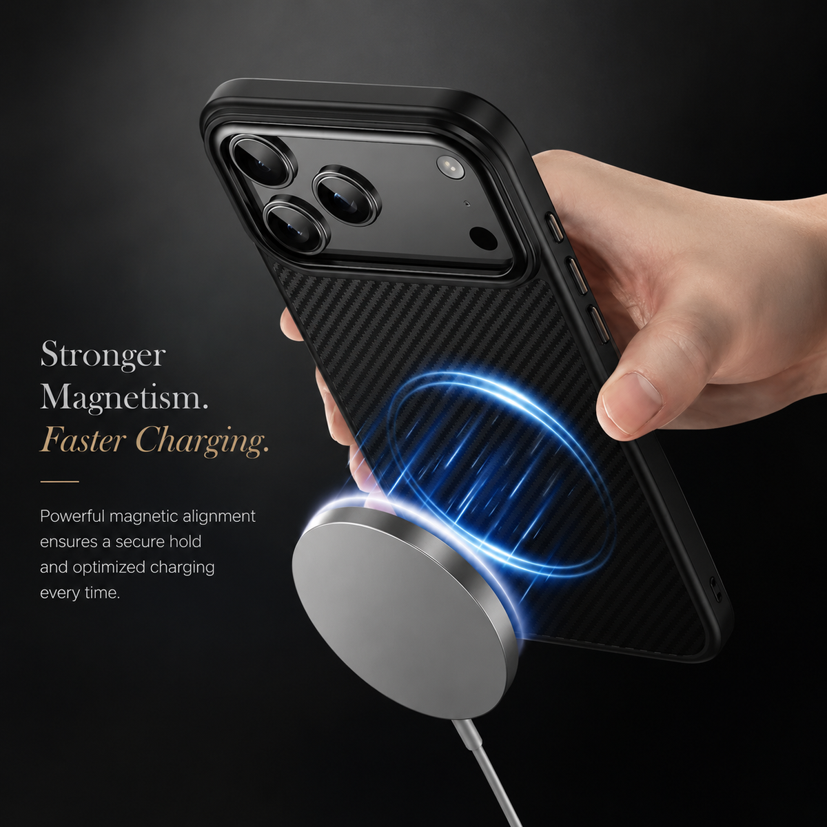 A hand holds a black woven-pattern phone case near a round charging puck. Blue illustrated rings represent magnetic attraction; text advertises stronger magnetism and faster charging.
