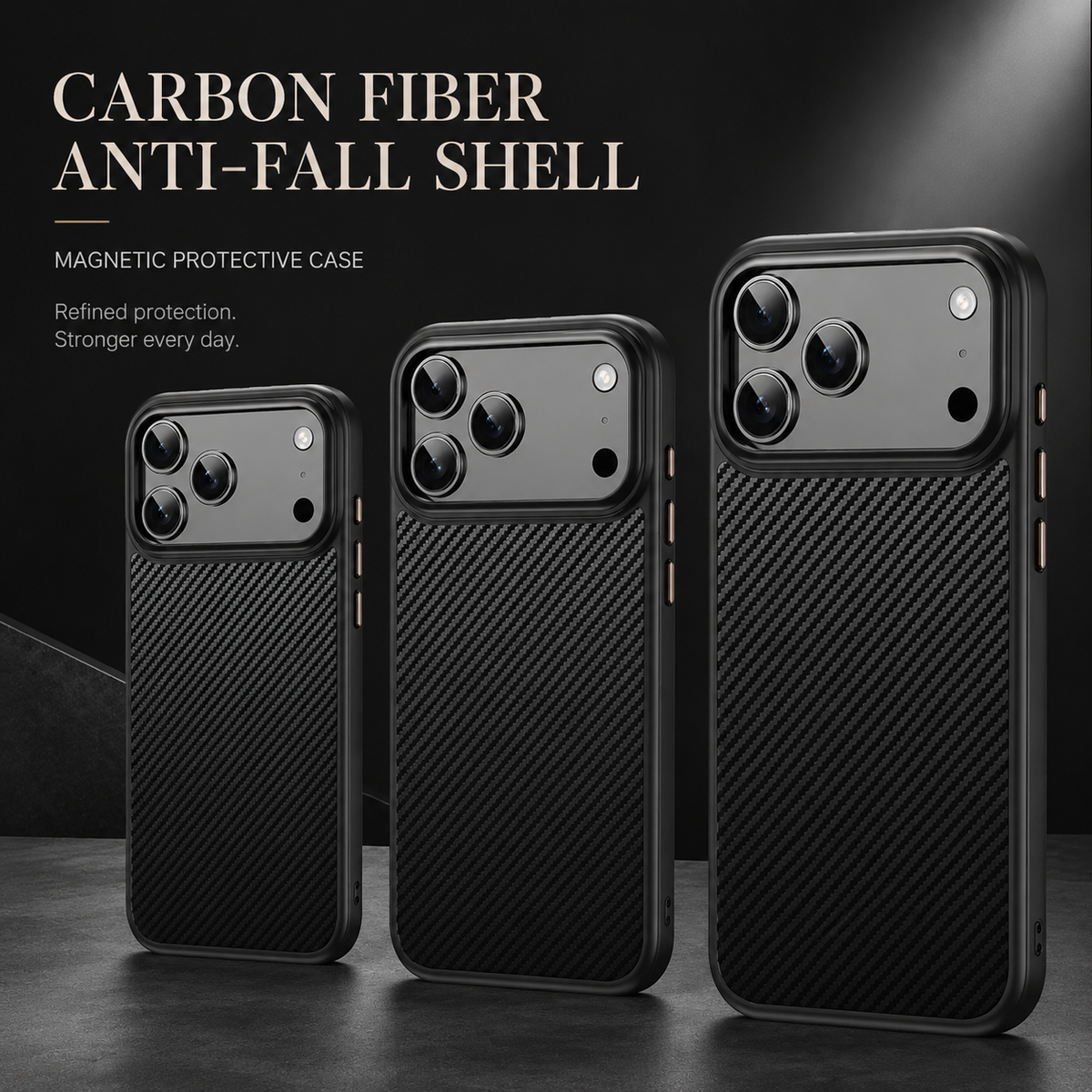 Three black woven-pattern phone cases of different sizes stand together on a dark surface, each with a broad camera surround. Text advertises a magnetic protective anti-fall shell.