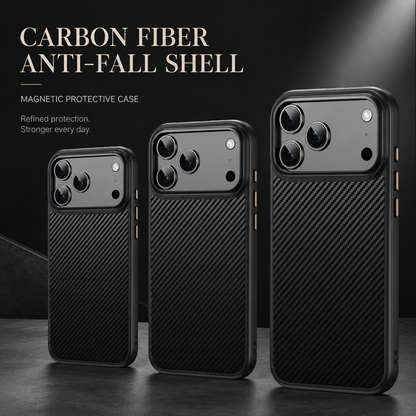 Three black woven-pattern phone cases of different sizes stand together on a dark surface, each with a broad camera surround. Text advertises a magnetic protective anti-fall shell.