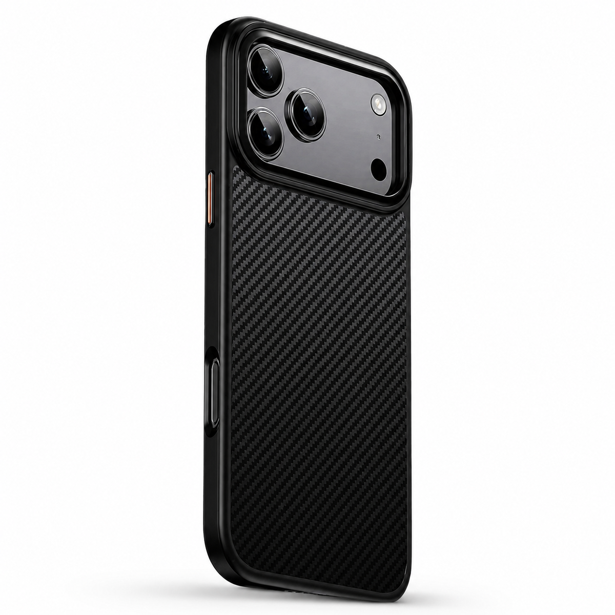 A black phone case stands at an angle on white. Its back has a diagonal woven pattern, a broad raised camera surround with three lenses and contrasting bronze-colored side buttons.