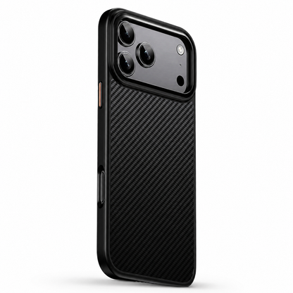 A black phone case stands at an angle on white. Its back has a diagonal woven pattern, a broad raised camera surround with three lenses and contrasting bronze-colored side buttons.