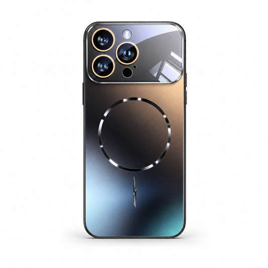 A dark glossy phone case stands against white, reflecting black, bronze and blue tones. A silver-colored circular ring marks its back beneath a broad reflective camera panel with gold-colored lens rims.