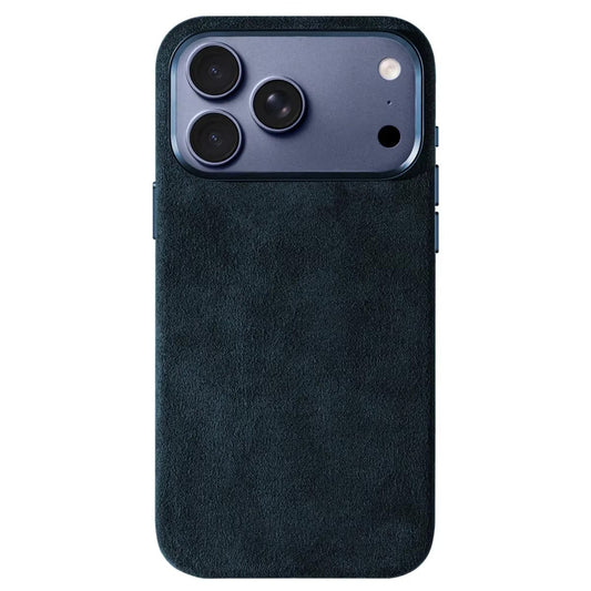 A dark navy case stands rear-facing on white, showing a soft suede-like texture and a broad matching camera surround.