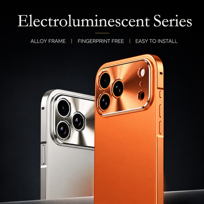 Silver and orange-cased phones stand side by side against black. Text labels the design Electroluminescent Series and advertises an alloy frame, fingerprint resistance and easy installation.