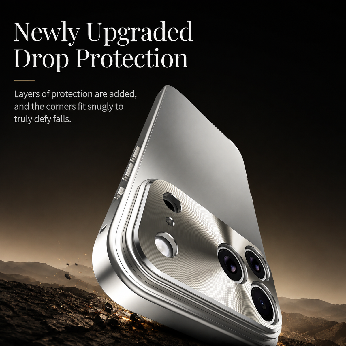 A silver case tilts camera-corner-first toward rocky ground. Text describes added protective layers and snug-fitting corners for drop protection.