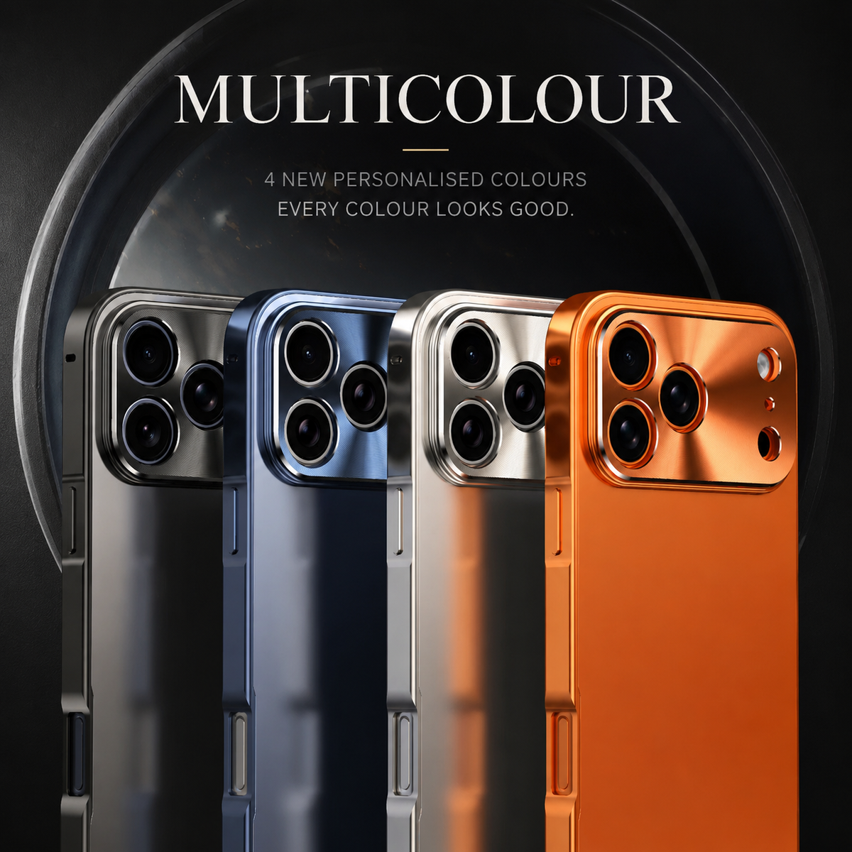 Black, blue, silver and orange-cased phones stand in a row against a dark circular background. The raised glossy camera panels and flat side frames are visible.