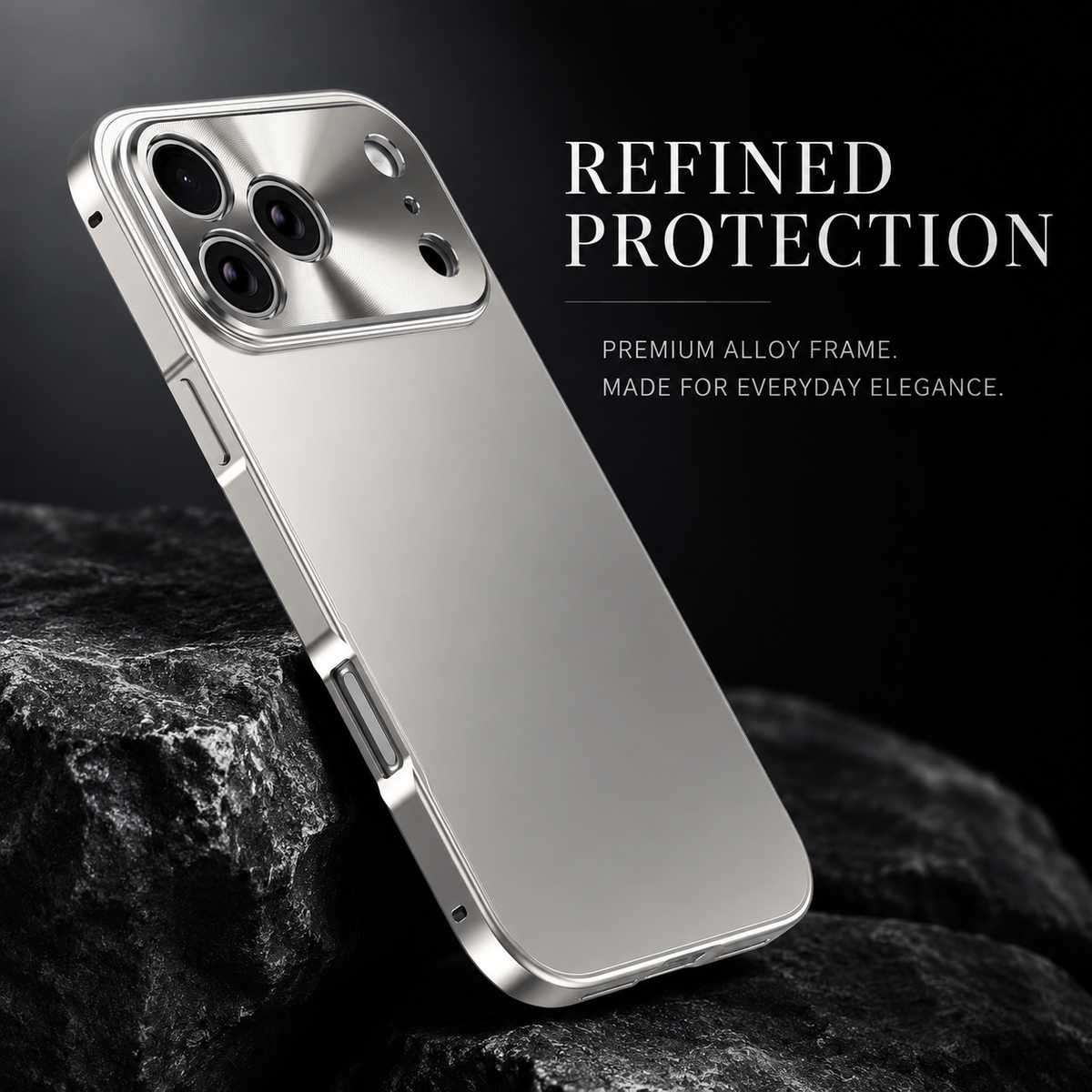 A silver-cased phone leans against a dark rock, displaying its smooth matte back and reflective camera panel. Text promotes the alloy frame and refined protection.