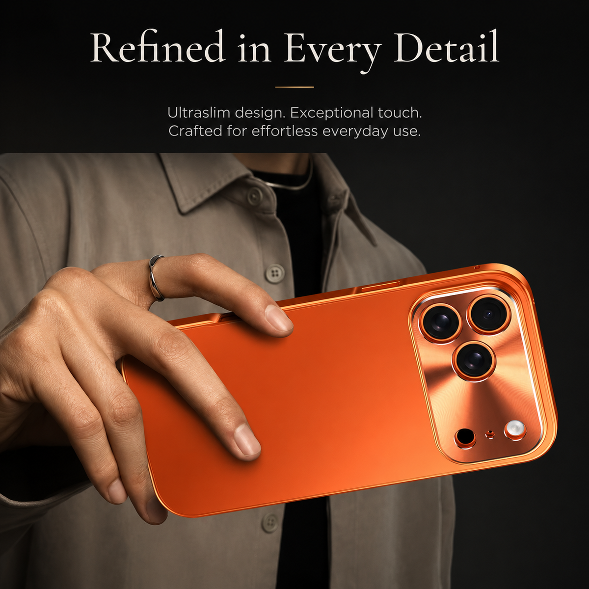 A person in a gray shirt holds an orange-cased phone horizontally near their chest. Their fingers rest across the matte back below the shiny three-lens camera panel.