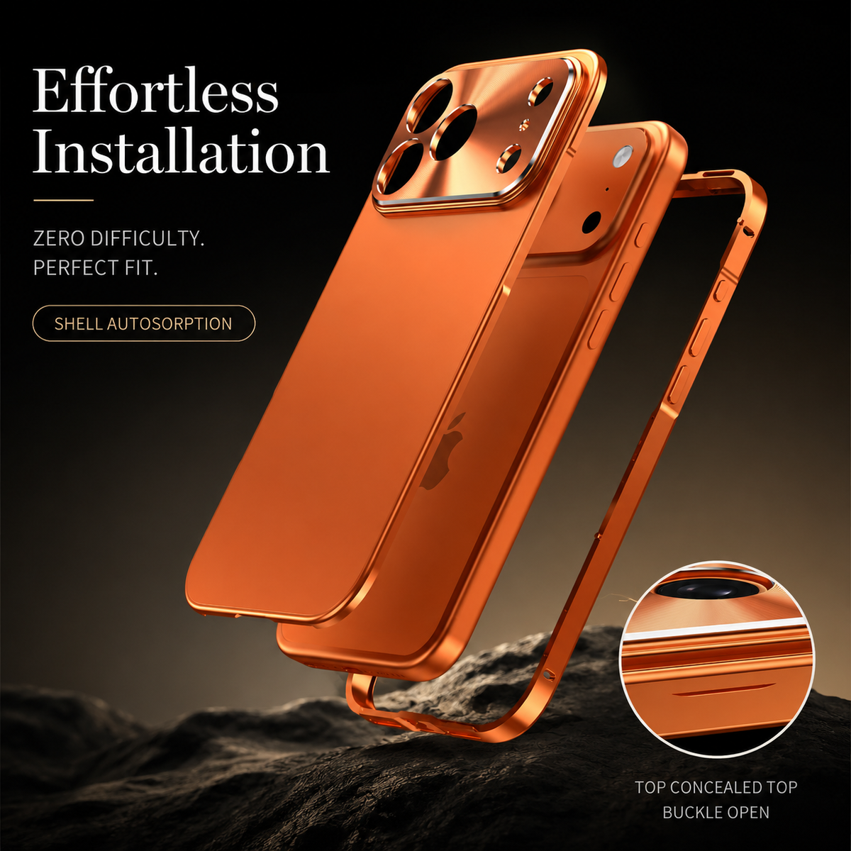 An exploded view separates an orange back cover, phone and outer frame above rough rocks. A circular inset points to a concealed buckle at the top; text advertises easy installation.