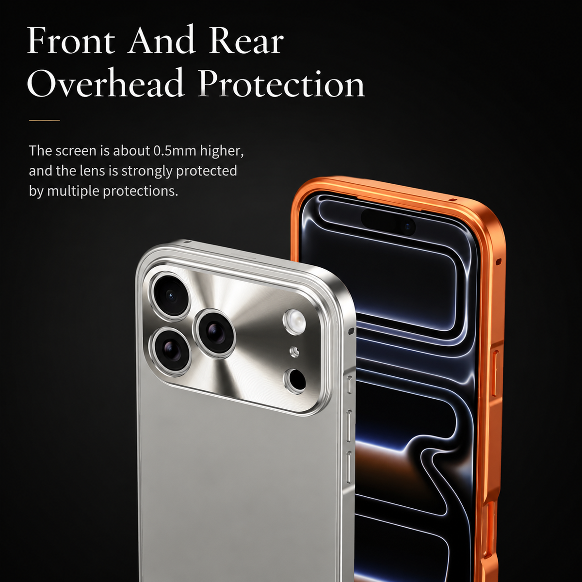 Front and rear views show orange and silver-cased phones with raised frame edges. Text labels the screen border as about 0.5 millimeters higher and advertises screen and lens protection.