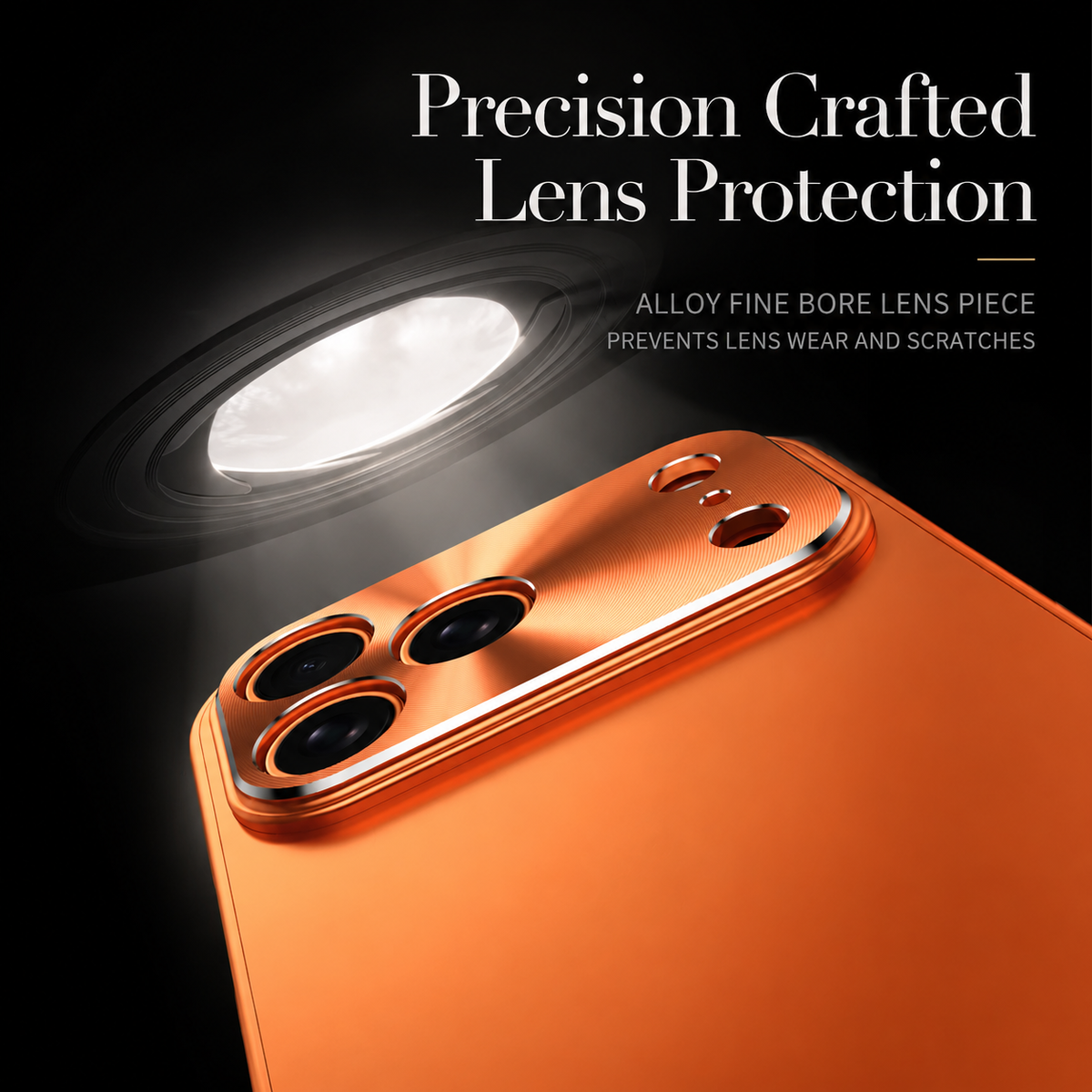 A circular silver-looking lens protector floats above the reflective camera panel of an orange case. Text advertises an alloy lens piece that helps prevent wear and scratches.