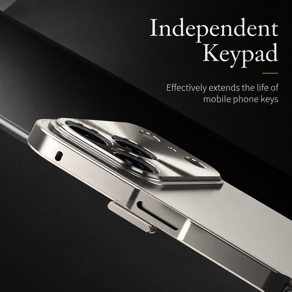 A close-up shows the polished silver side frame, separate side buttons and raised camera panel. Text highlights independent button covers.