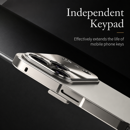 A close-up shows the polished silver side frame, separate side buttons and raised camera panel. Text highlights independent button covers.