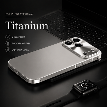A silver-cased phone rests beside a black laptop and wristwatch. Text labels the color Titanium and advertises an alloy frame, fingerprint resistance and easy installation.